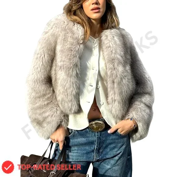 Cropped Faux Fur Jacket Open Front Fluffy Winter Coat Women's Outerwear - Picture 1 of 7